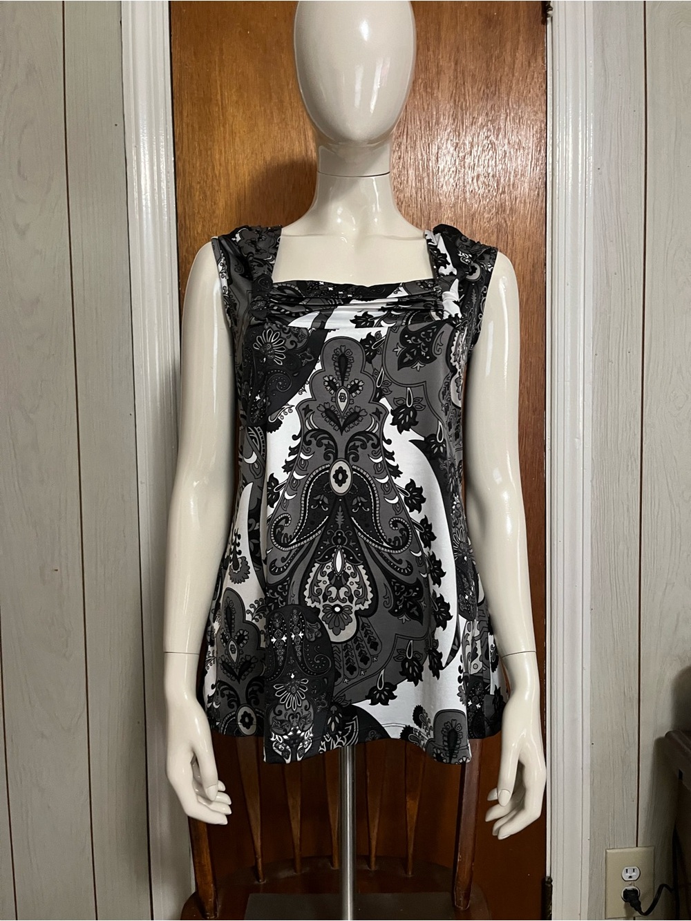 new directions Black & White Paisley Cowl Neck Camisole